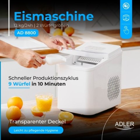 Adler Kostkarka do lodu | 12 kg/24h | 2 rozmiary kostek | Tryb czyszczenia | Cicha praca | Panel dotykowy