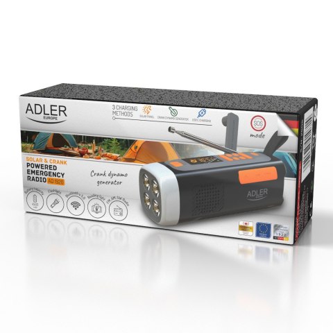 Adler Radio Awaryjne z Panelem Słonecznym, Korbką i Powerbankiem | Bluetooth 5.0 | Latarka LED 4W | 4500 mAh