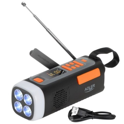 Adler Radio Awaryjne z Panelem Słonecznym, Korbką i Powerbankiem | Bluetooth 5.0 | Latarka LED 4W | 4500 mAh