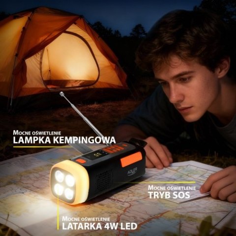 Adler Radio Awaryjne z Panelem Słonecznym, Korbką i Powerbankiem | Bluetooth 5.0 | Latarka LED 4W | 4500 mAh