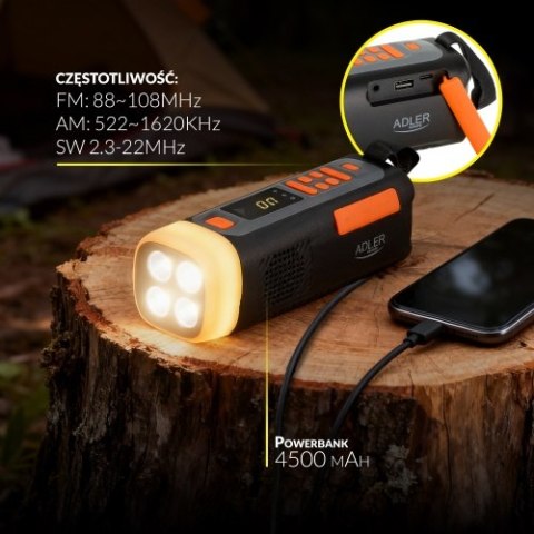 Adler Radio Awaryjne z Panelem Słonecznym, Korbką i Powerbankiem | Bluetooth 5.0 | Latarka LED 4W | 4500 mAh