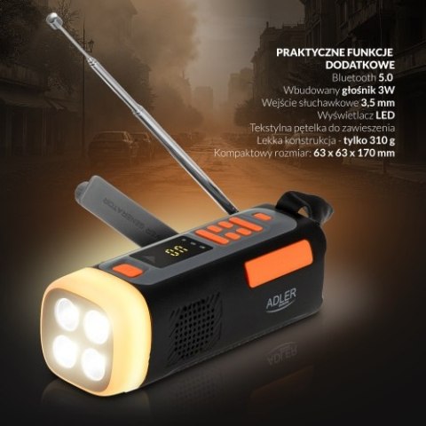 Adler Radio Awaryjne z Panelem Słonecznym, Korbką i Powerbankiem | Bluetooth 5.0 | Latarka LED 4W | 4500 mAh