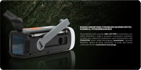Adler Radio Awaryjne z Panelem Słonecznym, Korbką i Powerbankiem | Bluetooth 5.0 | Latarka LED 4W | 4500 mAh