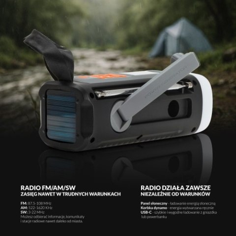 Adler Radio Awaryjne z Panelem Słonecznym, Korbką i Powerbankiem | Bluetooth 5.0 | Latarka LED 4W | 4500 mAh
