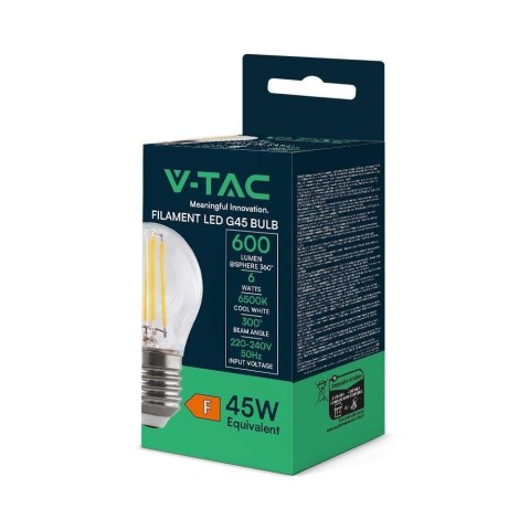 Żarówka LED V-TAC 6W filament E27 kulka G45 VT-2366 6500K 600lm