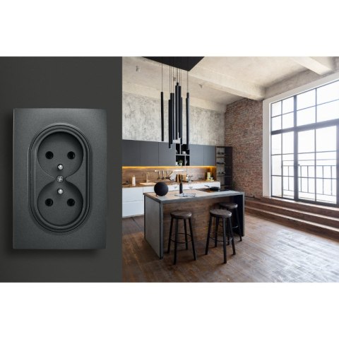 Gniazdo podwójne z ramką plastikową, czarne, OVAL, Electromalt