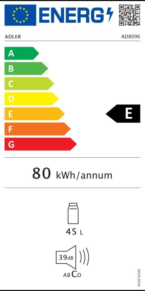 Adler Wolnostojąca lodówka podblatowa 45L | Metalowe drzwi | 6-stopniowa regulacja | Agregatowa | Biała