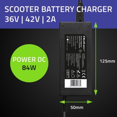 Qoltec Ładowarka do hulajnogi Xiaomi, roweru, skutera elektrycznego Ninebot 84W | 36V | 42V | 2A | 8.0*8.0+pin | +kabel zasilają