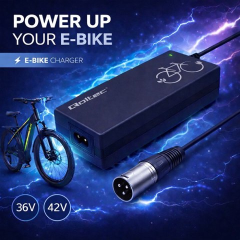 Qoltec Ładowarka do roweru elektrycznego 36V | 42V | 2A | 3P XLR-18mm +kabel zasilający