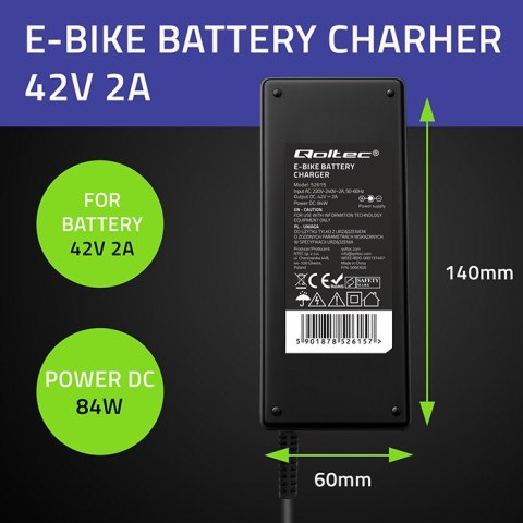 Qoltec Ładowarka do roweru elektrycznego 36V | 42V | 2A | 3P XLR-18mm +kabel zasilający