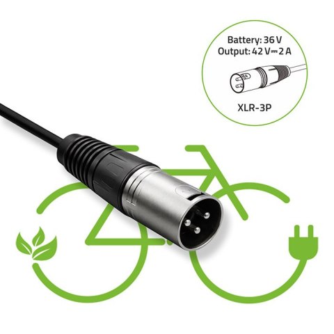 Qoltec Ładowarka do roweru elektrycznego 36V | 42V | 2A | 3P XLR-18mm +kabel zasilający