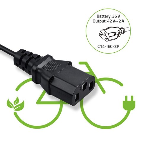 Qoltec Ładowarka do roweru elektrycznego 36V | 42V | 2A | C14-IEC-3Pin +kabel zasilający