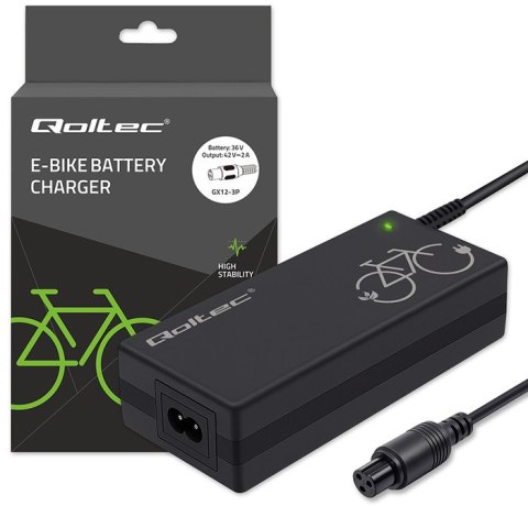 Qoltec Ładowarka do roweru elektrycznego 36V | 42V | 2A | GX12-3Pin +kabel zasilający