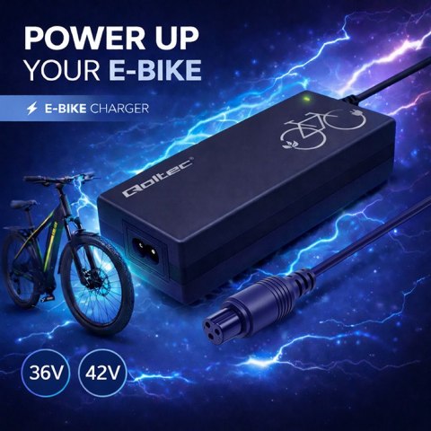 Qoltec Ładowarka do roweru elektrycznego 36V | 42V | 2A | GX12-3Pin +kabel zasilający