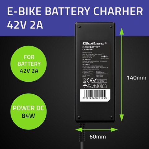 Qoltec Ładowarka do roweru elektrycznego 36V | 42V | 2A | GX12-3Pin +kabel zasilający