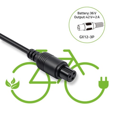 Qoltec Ładowarka do roweru elektrycznego 36V | 42V | 2A | GX12-3Pin +kabel zasilający