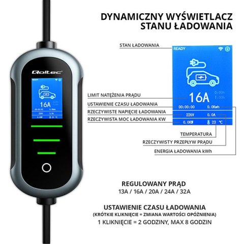 Qoltec Mobilna ładowarka do samochodu elektrycznego EV z regulacją 2w1 Typ2 | 22kW | 400V | Wi-fi | TUYA | SMART LIFE | LCD | Pr