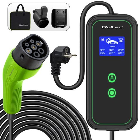 Qoltec Mobilna ładowarka do samochodu elektrycznego EV z regulacją 2w1 Typ2 | 3.5kW | 230V | LCD | Przenośna | Wallbox| 5m