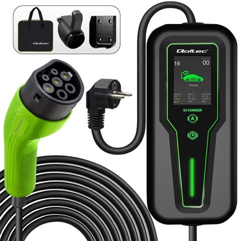 Qoltec Mobilna ładowarka do samochodu elektrycznego EV z regulacją 2w1 Typ2 | 3.5kW | 230V | LCD | Przenośna | Wallbox | 5m