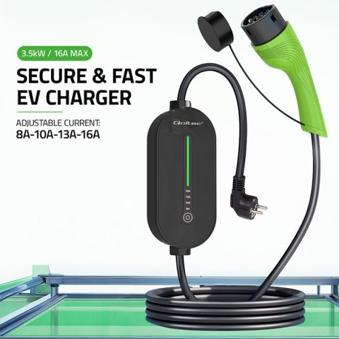 Qoltec Mobilna ładowarka do samochodu elektrycznego EV z regulacją 2w1 Typ2 | 3.5kW | 230V | LED | 5m