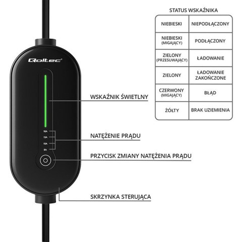 Qoltec Mobilna ładowarka do samochodu elektrycznego EV z regulacją 2w1 Typ2 | 3.5kW | 230V | LED | 5m
