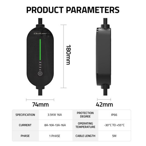 Qoltec Mobilna ładowarka do samochodu elektrycznego EV z regulacją 2w1 Typ2 | 3.5kW | 230V | LED | 5m
