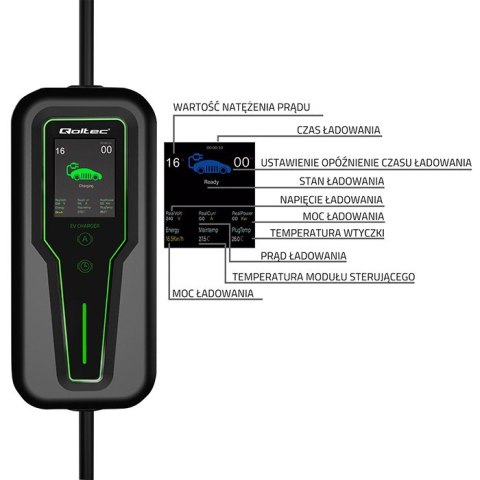 Qoltec Mobilna ładowarka do samochodu elektrycznego EV z regulacją 2w1 Typ2 | 7kW | 230V | LCD | Przenośna | Wallbox | 5m