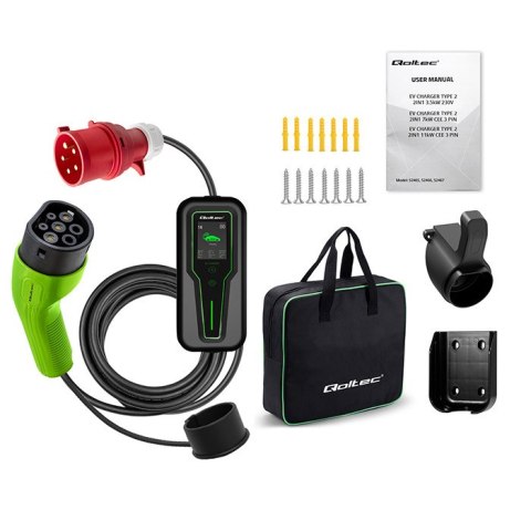 Qoltec Mobilna ładowarka do samochodu elektrycznego EV z regulacją 2w1 Typ2 | 7kW | 230V | LCD | Przenośna | Wallbox | 5m
