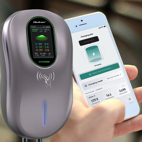 Qoltec Stacja ładowania EV 2w1 Typ2 | 22kW | Wi-fi| TUYA | LCD | RFID | 3 fazy | Wallbox | 5m