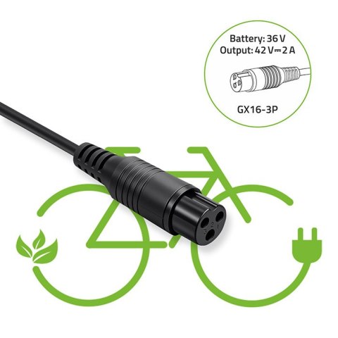Qoltec Szybka Ładowarka do roweru elektrycznego 36V | 42V | 2A | 3P-GX16 | +kabel zasilający