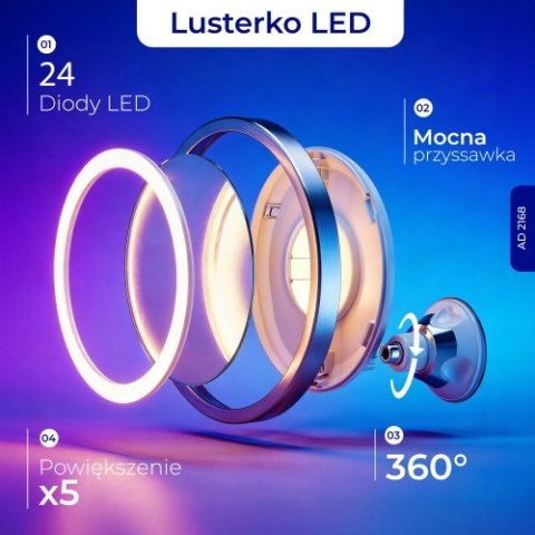 Adler Lusterko LED łazienkowe, 5x powiększenie, 24 diody LED, regulacja natężenia światła