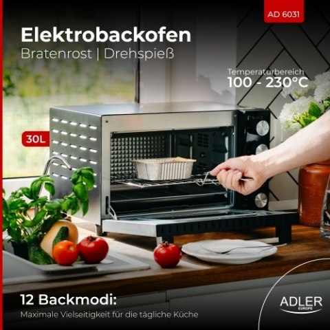 Adler Piekarnik elektryczny 30L | Ruszt do pieczenia | Rożen