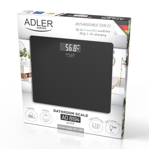 Adler Waga Łazienkowa USB-C, Akumulatorowa, 180 kg, Dokładność 100 g