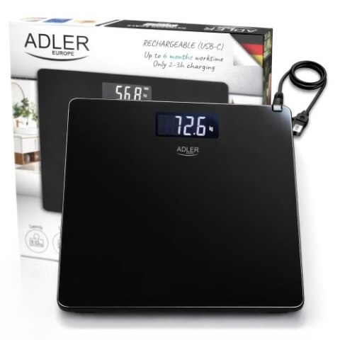 Adler Waga Łazienkowa USB-C, Akumulatorowa, 180 kg, Dokładność 100 g