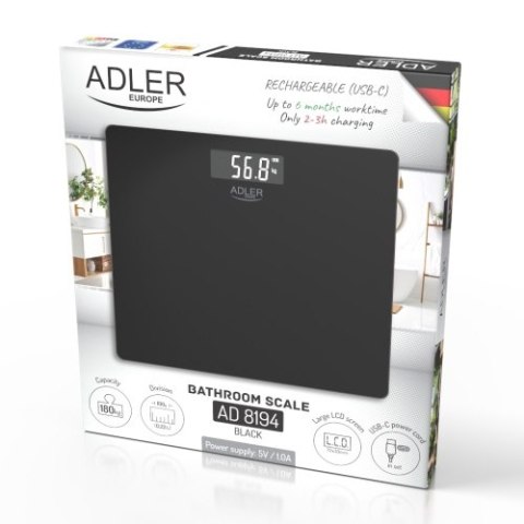 Adler Waga Łazienkowa USB-C, Akumulatorowa, 180 kg, Dokładność 100 g