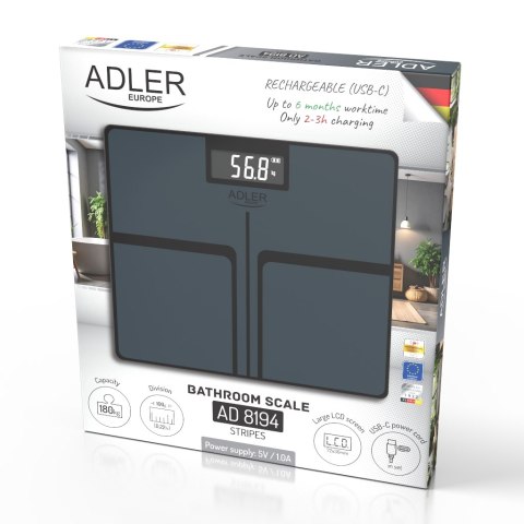 Adler Waga Łazienkowa USB-C, Akumulatorowa, 180 kg, Dokładność 100 g