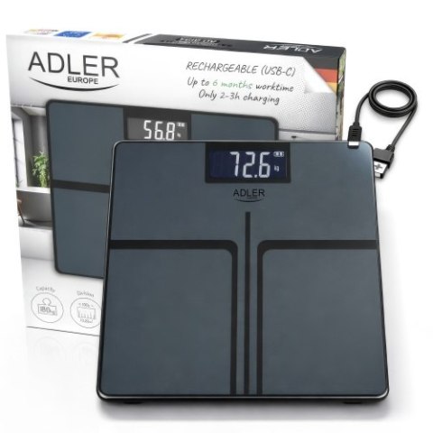 Adler Waga Łazienkowa USB-C, Akumulatorowa, 180 kg, Dokładność 100 g