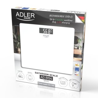 Adler Waga Łazienkowa USB-C, Akumulatorowa, 180 kg, Dokładność 100 g