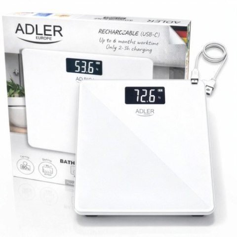 Adler Waga Łazienkowa USB-C, Akumulatorowa, 180 kg, Dokładność 100 g
