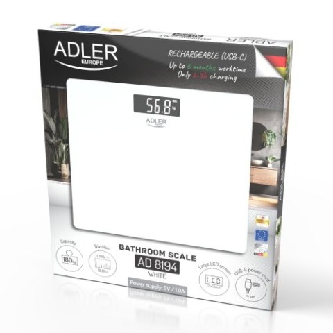Adler Waga Łazienkowa USB-C, Akumulatorowa, 180 kg, Dokładność 100 g