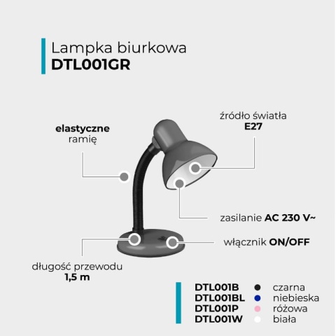 Lampka biurkowa na żarówkę E27 szara DPM