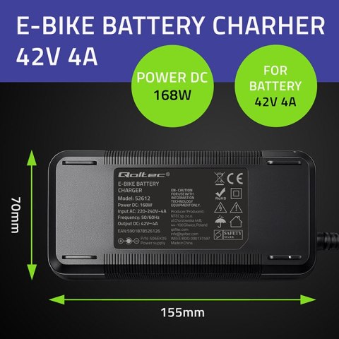 Qoltec Szybka Ładowarka do roweru skutera elektrycznego 36V | 42V | 4A | 5.5*2.1 +kabel zasilający