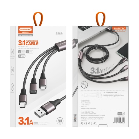 Kabel 3w1 wzmacniany RGB LED USB 1,2m Somostel