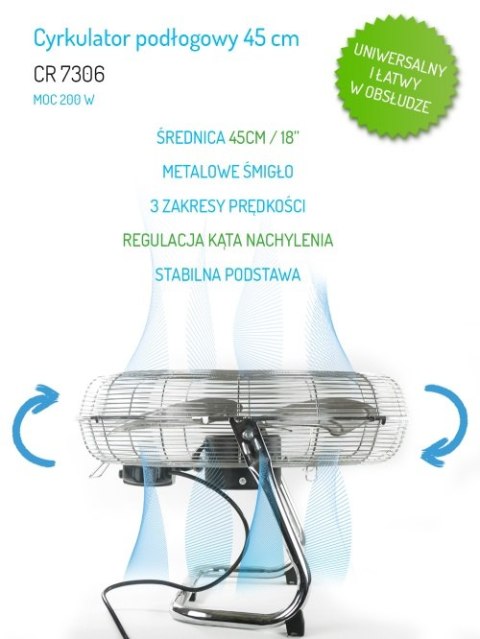Camry Cyrkulator Podłogowy 45 cm, Wentylator Podłogowy 18", 3 Prędkości, Regulacja Kąta 125°