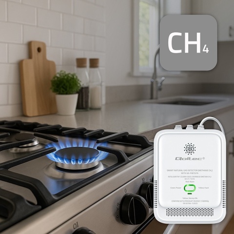 Czujnik wycieku gazu ziemnego deteltor CH4 NG Tuya Wi-Fi alarm 85dB LED Qoltec