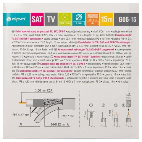Kabel koncentryczny RG6, 1 mm CCA, 15 m, karton