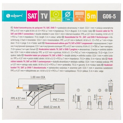 Kabel koncentryczny RG6, 1 mm CCA, 5 m, karton