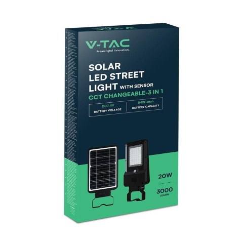 Naświetlacz oprawa uliczna solarna V-TAC 20W LED czarna IP65 150Lm/W VT-ST20CCT 3000lm