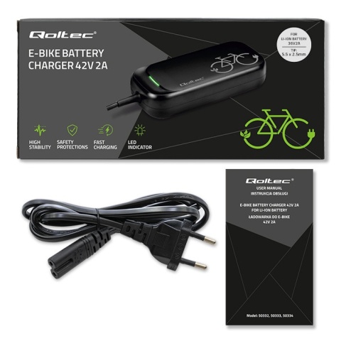 Ładowarka do roweru skuteru elektrycznego 36V 42V 2A 5.5*2.5 wodoodporna, kabel zasilajacy Qoltec