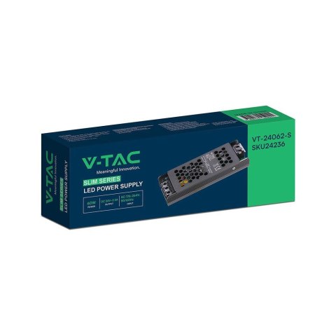 Zasilacz do LED modułowy montażowy SLIM V-TAC 60W 24V 2.5A IP20 filtr EMI VT-24062-S